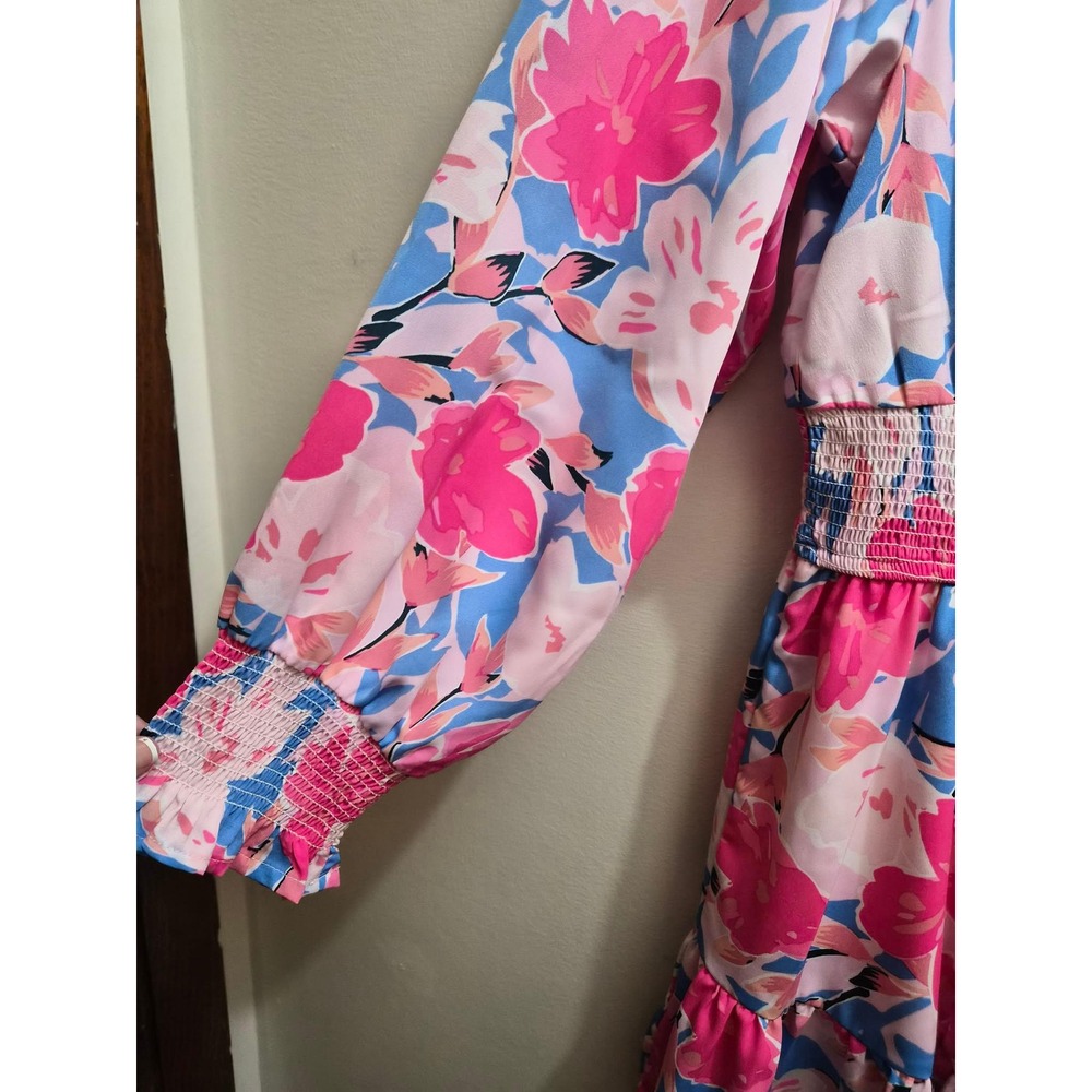 Easel Pink Blue Floral Smocked Waist V-Neck Long Sleeve Tiered Dress Large - Picture 3 of 5